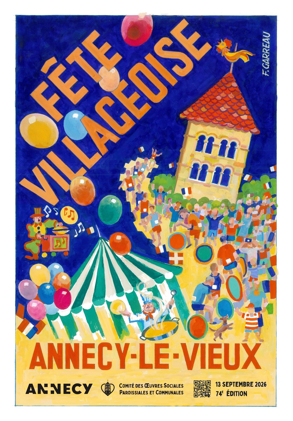 Affiche 2026 de la F&ecirc;te Villageoise d'Annecy-le-Vieux, &oelig;uvre de Fr&eacute;d&eacute;ric Garreau. Dimanche 13 septembre 2026, 74e &eacute;dition.